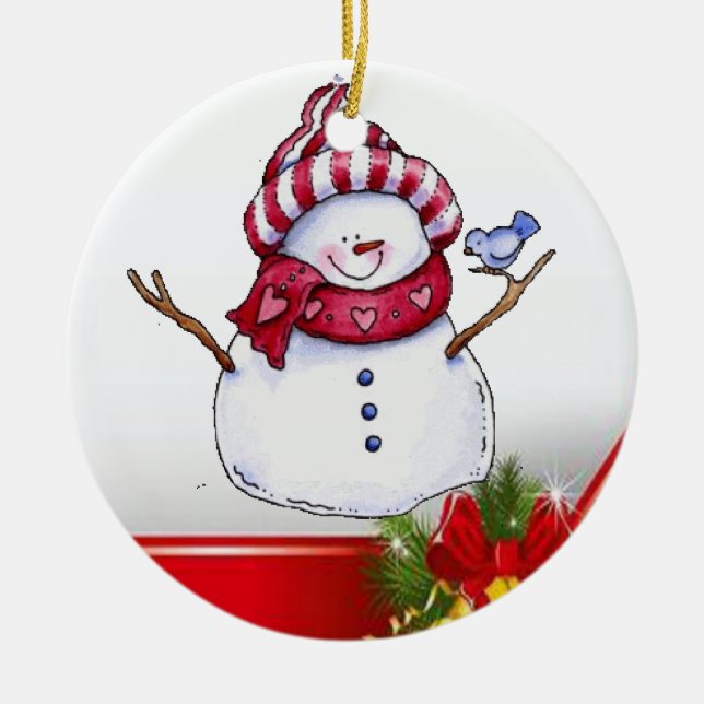 Christmas Circle Ornament, Snowman Ceramic Ornament (Front)