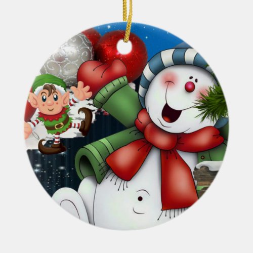 Christmas Circle Ornament Snowman Elf Ceramic Ornament