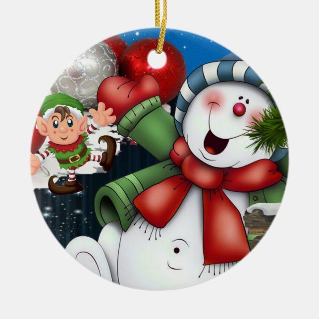 Christmas Circle Ornament, Snowman Elf Ceramic Ornament (Front)