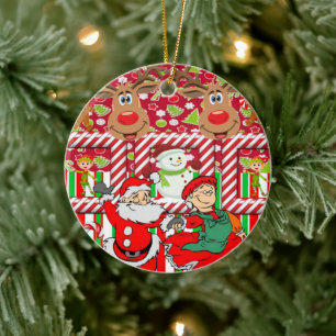 Christmas Circle Ornament, Snowman Reindeer Elf Ceramic Ornament