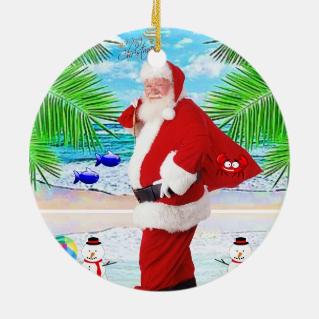 Christmas Circle Ornament, Summer Beach Bum Santa Ceramic Ornament (Back)