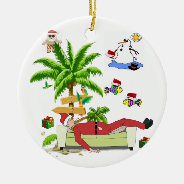 Christmas Circle Ornament, Summer Beach Bum Santa Ceramic Ornament (Front)