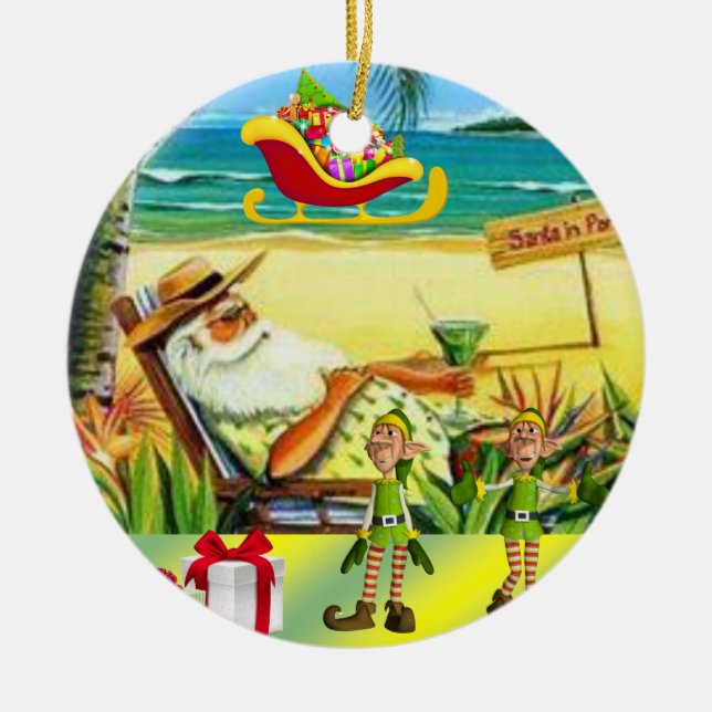 Christmas Circle Ornament, Summer Beach Santa Ceramic Ornament (Front)