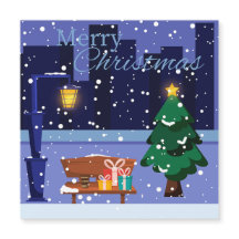 Christmas cityscape with street lamp, tree and gif