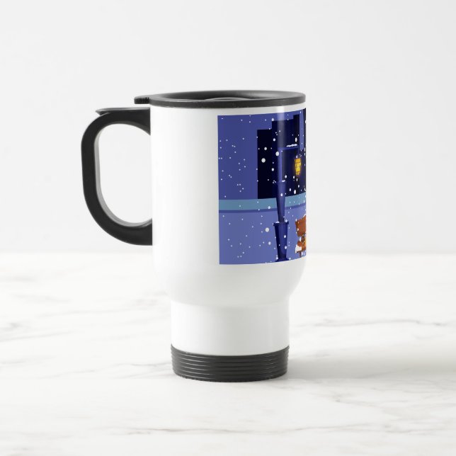 Christmas cityscape with street lamp, tree and gif travel mug (Left)