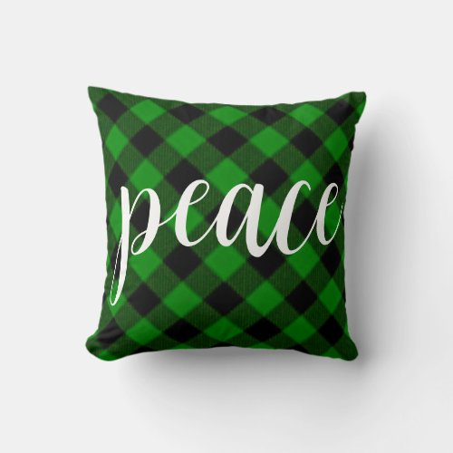 Christmas classic green Plaid classic peace script Throw Pillow
