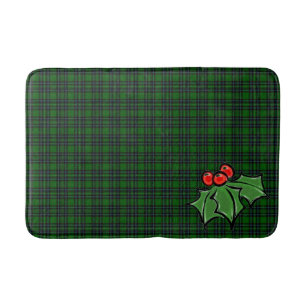 Christmas classic green plaid red holly leaves bath mat