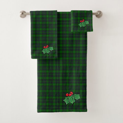 Christmas classic green plaid red holly leaves bath towel set