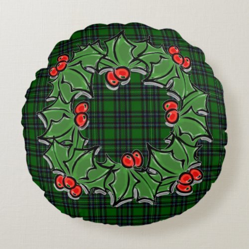 Christmas classic green plaid red holly leaves round pillow