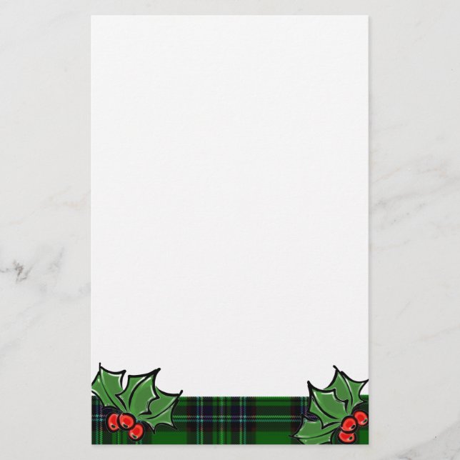 Christmas classic green plaid red holly leaves stationery (Front)