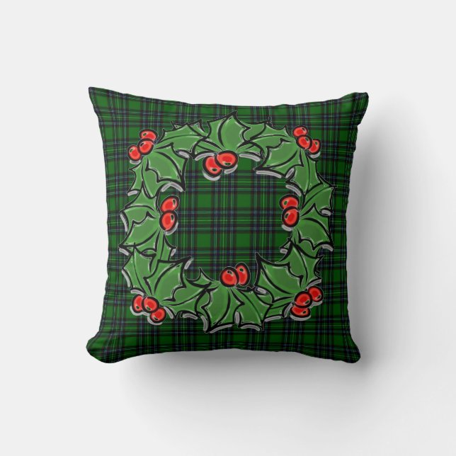 Christmas classic green plaid red holly leaves throw pillow (Front)