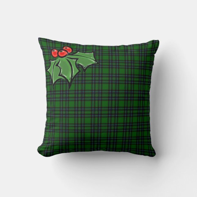 Christmas classic green plaid red holly leaves throw pillow (Front)