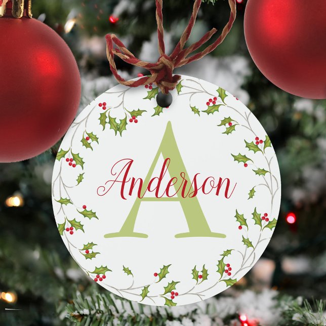 Christmas Classic Holiday Red Holly Monogram Metal Ornament (Simple Christmas holiday greenery holly berries monogram metal ornament)