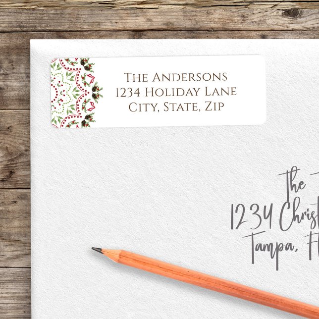 Christmas Classic Holly Berries Greenery Mandala Label (Christmas greenery, foliage, and berries mandala pattern return address label. )