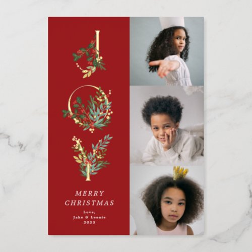 Christmas Classic Red Botanical JOY Collage Photo Foil Holiday Card