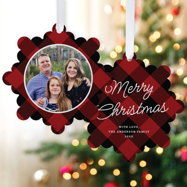 Christmas Classic Red Buffalo Plaid Photo Holiday  Ornament Card (Creator Uploaded)