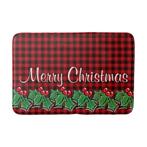 Christmas classic Red Plaid Holly berries leaves Bath Mat