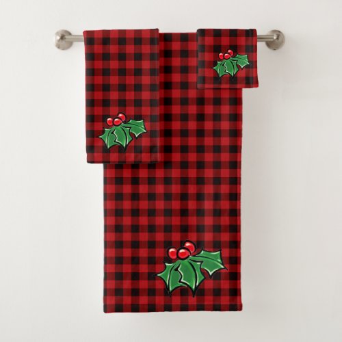 Christmas classic Red Plaid Holly berries leaves Bath Towel Set