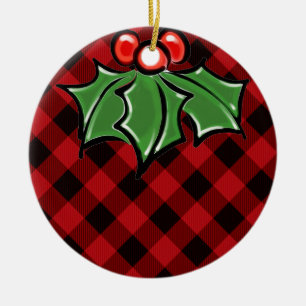 Christmas classic Red Plaid Holly berries leaves Ceramic Ornament