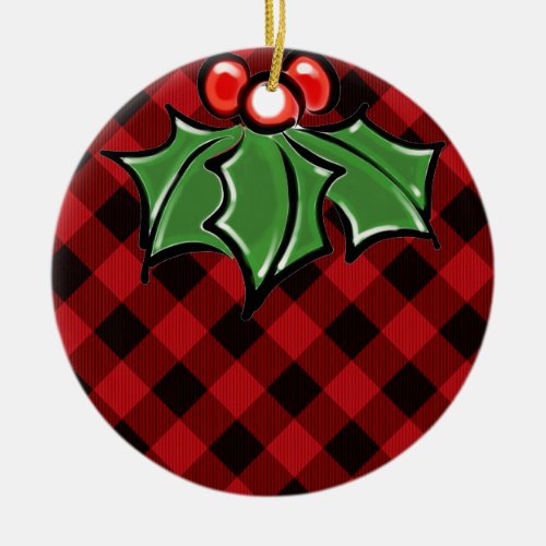 Christmas classic Red Plaid Holly berries leaves Ceramic Ornament