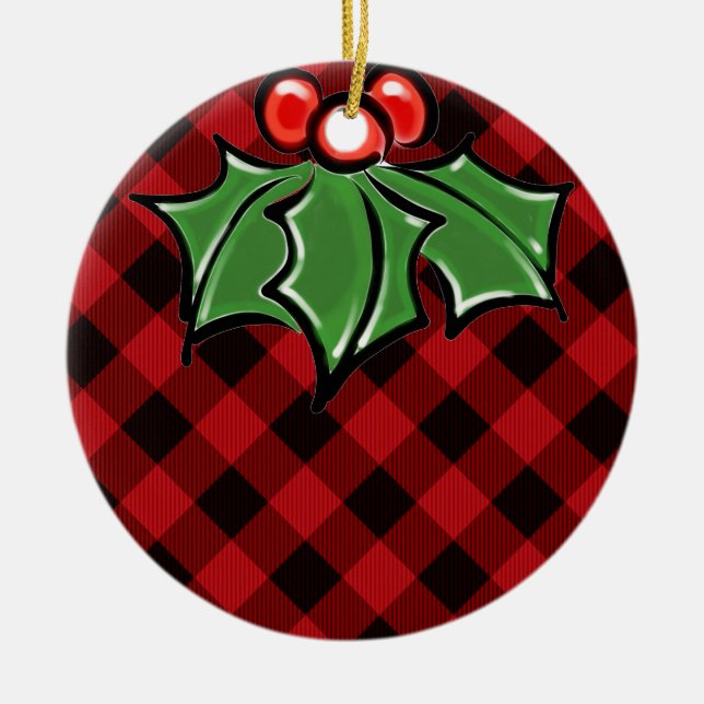 Christmas classic Red Plaid Holly berries leaves Ceramic Ornament (Front)