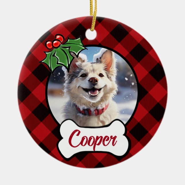 Christmas classic Red Plaid Holly berries leaves Ceramic Ornament (Front)