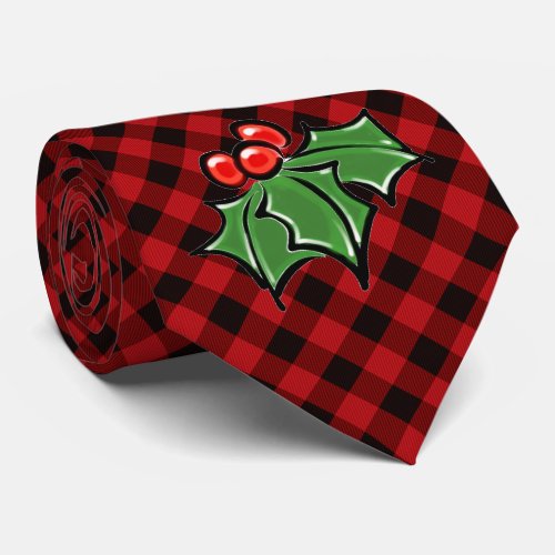 Christmas classic Red Plaid Holly berries leaves Neck Tie
