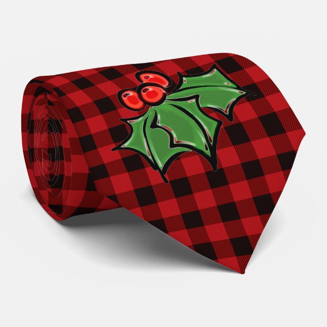 Christmas classic Red Plaid Holly berries leaves Neck Tie (Rolled)