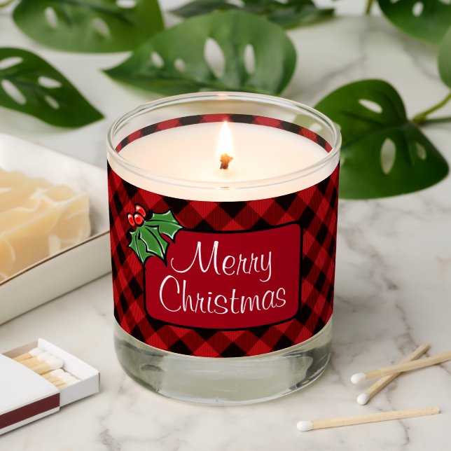 Christmas classic Red Plaid Holly berries leaves Scented Candle (Lit)