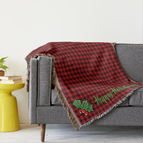 Christmas classic Red Plaid Holly berries leaves Throw Blanket