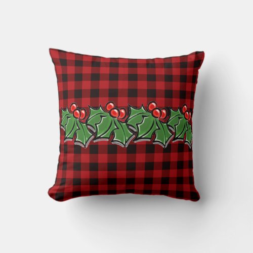 Christmas classic Red Plaid Holly berries leaves Throw Pillow