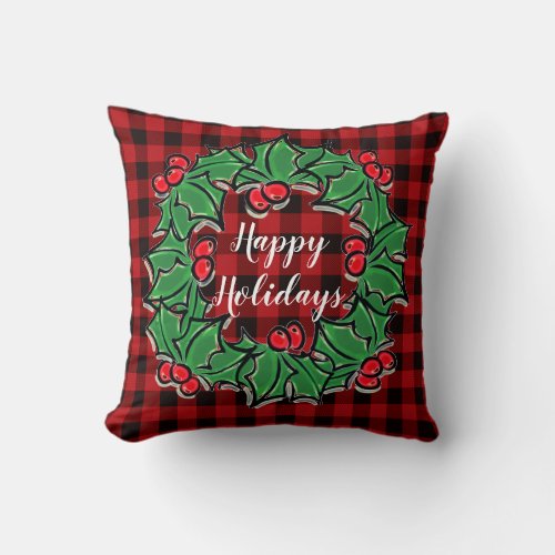 Christmas classic Red Plaid Holly berries leaves Throw Pillow