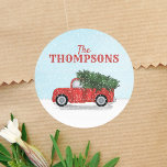 Christmas Classic Rustic Red Truck Whimsy Winter Classic Round Sticker<br><div class="desc">This design features a Christmas rustic red truck simple sticker with an elegant classic watercolor winter, a simple red and green snowflakes, a chic modern brush script cute, minimalist modern brush script, xmas trendy vintage holiday, old fashioned vintage style, winter scene pine tree snow, creative stylish classy labels, classic whimsical...</div>