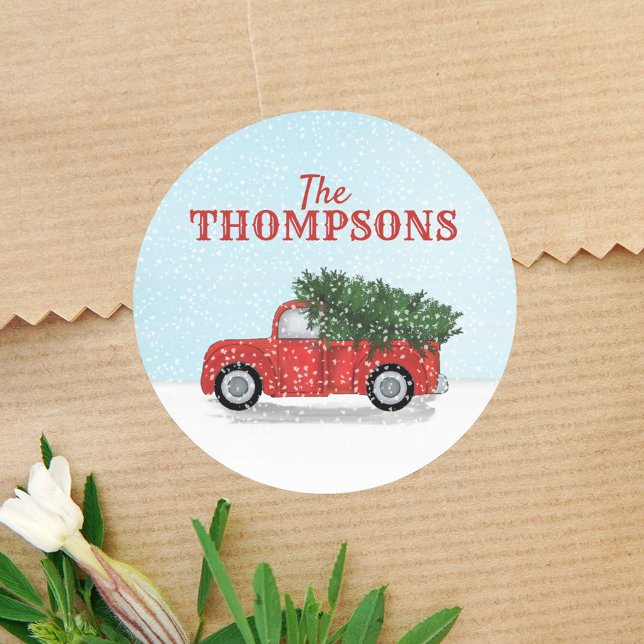 Christmas Classic Rustic Red Truck Whimsy Winter Classic Round Sticker (Red truck vintage rustic style red truck with a Christmas tree in the bed.)