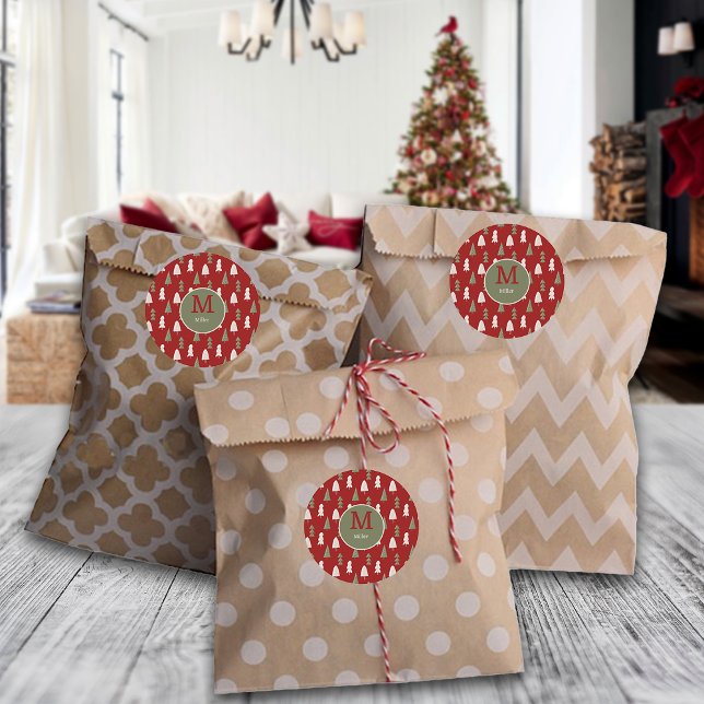 Christmas Classic Trees Custom Family Monogram Red Classic Round Sticker (Creator Uploaded)