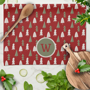 Christmas Classic Trees Custom Monogram Red Kitchen Towel