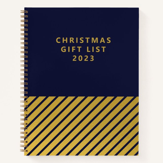 Christmas Classy Navy Gold Foil Stripes Gift List Notebook (Front)