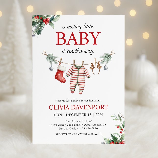 Christmas Clothesline Merry Little Baby Shower Invitation (Creator Uploaded)