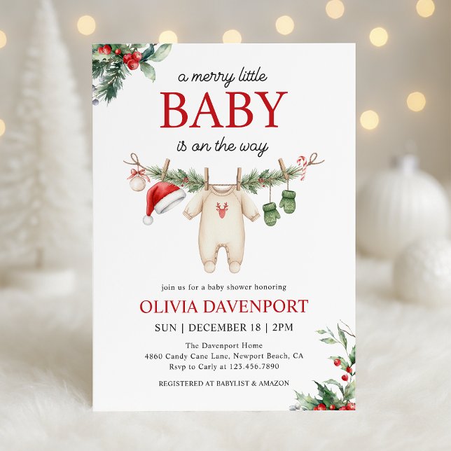 Christmas Clothesline Merry Little Baby Shower Invitation (Creator Uploaded)