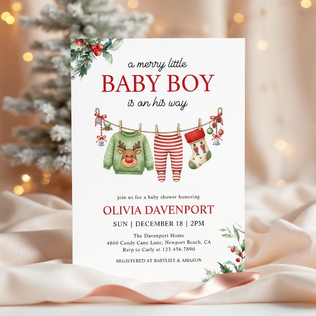 Christmas Clothesline Merry Little Boy Baby Shower Invitation (Creator Uploaded)