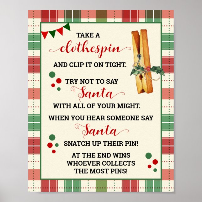 Christmas Clothespin Don't Say Santa Game Sign (Front)