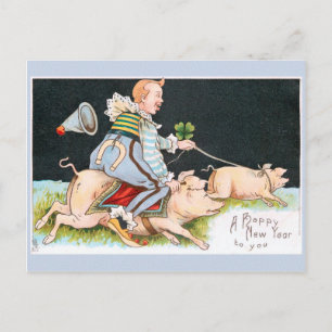 Christmas clowns, pigs & good luck symbols postcard