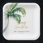 Christmas Coastal Holidays Palm Tree Paper Plates<br><div class="desc">Bring a touch of paradise to your holiday festivities with our unique personalized Christmas paper plates. These eye-catching disposable dishes showcase a whimsical tropical-themed design, featuring a palm tree adorned with festive ornaments and twinkling lights. The cheerful "Merry Christmas" script adds a jolly greeting to each plate, perfectly blending traditional...</div>