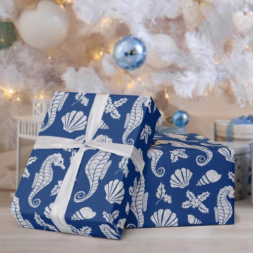 Christmas Coastal Seahorse Glitter Navy Blue Wrapping Paper