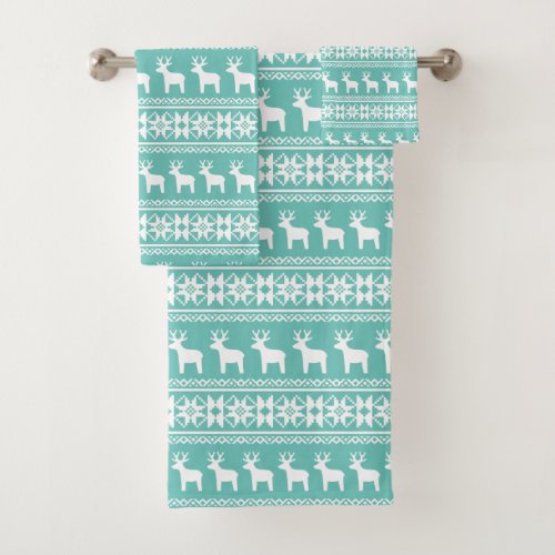 Christmas Coastal Teal Snowflake Reindeer Pattern Bath Towel Set