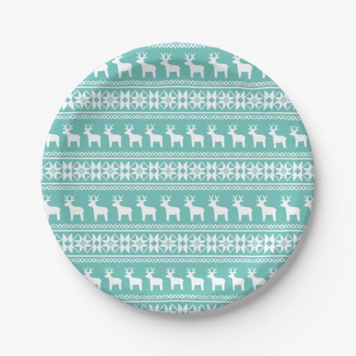 Christmas Coastal Teal Snowflake Reindeer Pattern Paper Plates