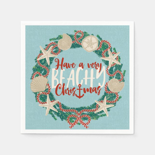 Christmas Coastal Tropical Sea Shell Wreath - Aqua Napkins (Front)