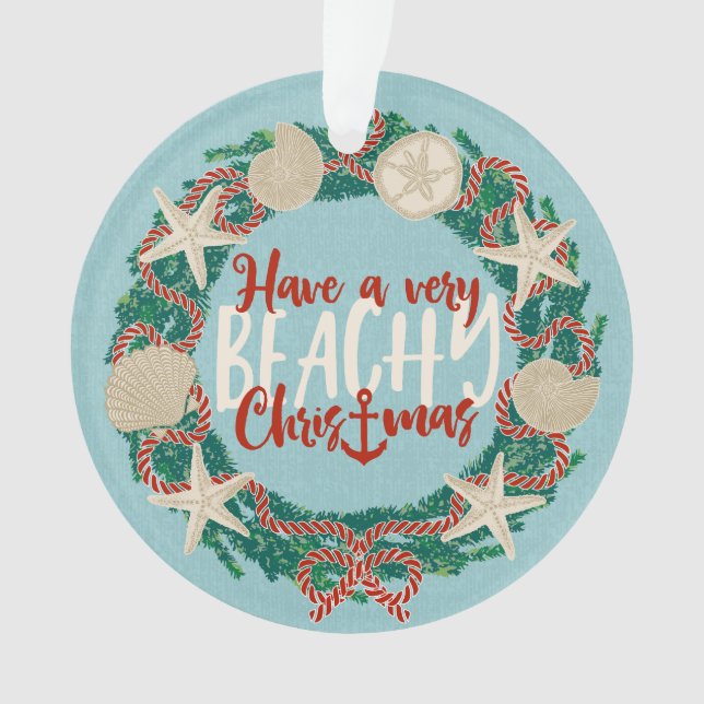 Christmas Coastal Tropical Sea Shell Wreath - Aqua Ornament (Front)