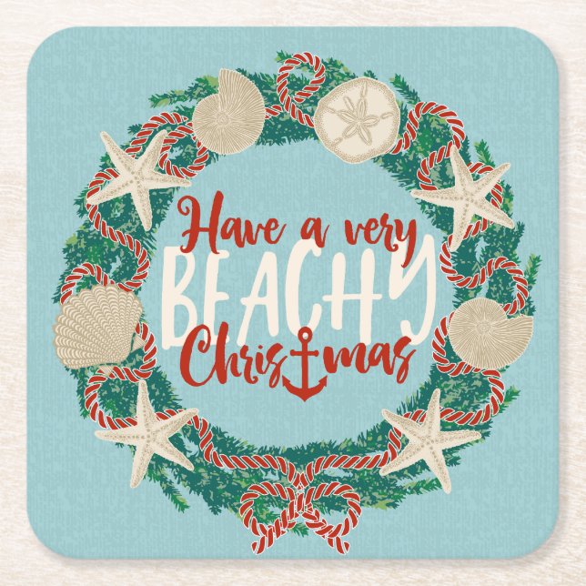 Christmas Coastal Tropical Sea Shell Wreath - Aqua Square Paper Coaster (Front)