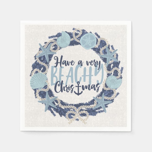 Christmas Coastal Tropical Sea Shell Wreath - Blue Napkins (Front)